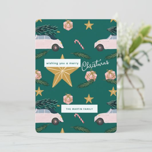 Geïllustreerde Blauwgroen Roze Kerstboom Auto's Va Feestdagenkaart (Staand voorkant)