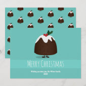 Geïllustreerde Blauwgroen witte lachende kerstpudd Feestdagenkaart (Voorkant / Achterkant)