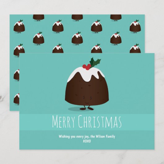 Geïllustreerde Blauwgroen witte lachende kerstpudd Feestdagenkaart (Voorkant / Achterkant)