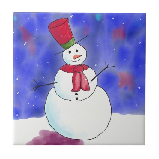 Geïllustreerde blije sneeuwman Kerstmis Tegeltje (Voorkant)