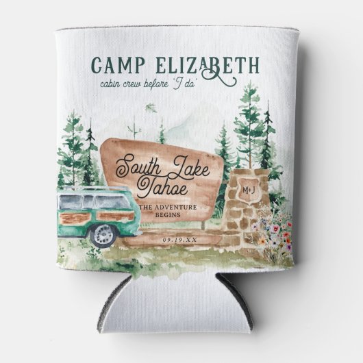 Geïllustreerde camping | Bachelorette bruidsmeisje Blikjeskoeler (Voorkant)