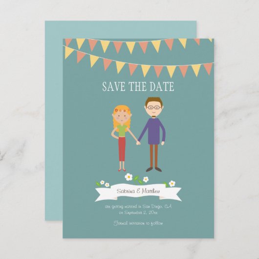 Geïllustreerde Cartoon Paar Portret bruiloft Aankondigingskaart (Voorkant / Achterkant)