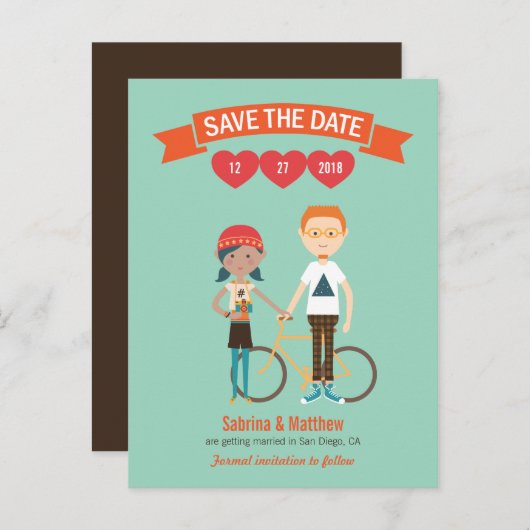 Geïllustreerde Cartoon Paar Portret bruiloft Aankondigingskaart (Voorkant / Achterkant)