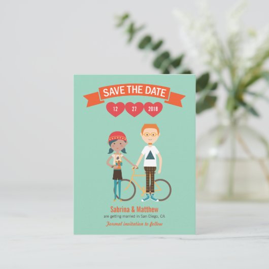 Geïllustreerde Cartoon Paar Portret bruiloft Aankondigingskaart (Staand voorkant)