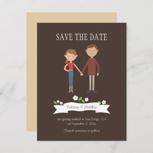 Geïllustreerde Cartoon Paar Portret bruiloft Aankondigingskaart (Voorkant / Achterkant)