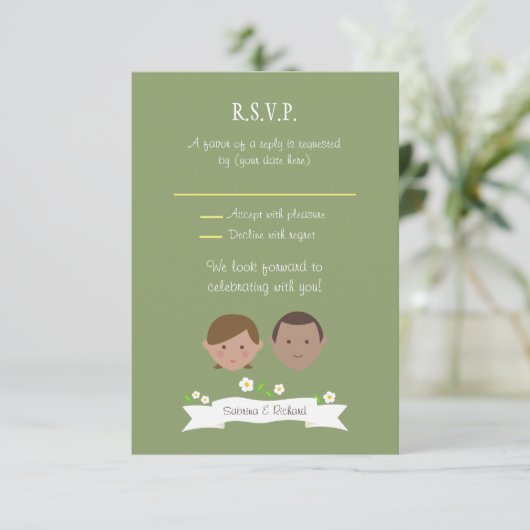 Geïllustreerde Cartoon Paar Portret bruiloft Kaart (Staand voorkant)