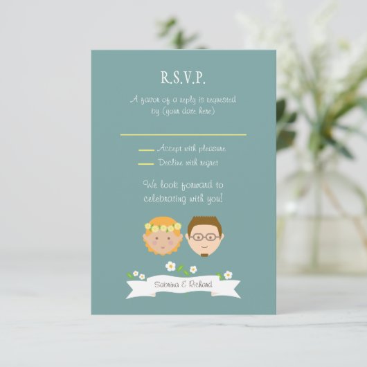 Geïllustreerde Cartoon Paar Portret bruiloft RSVP Kaartje (Staand voorkant)