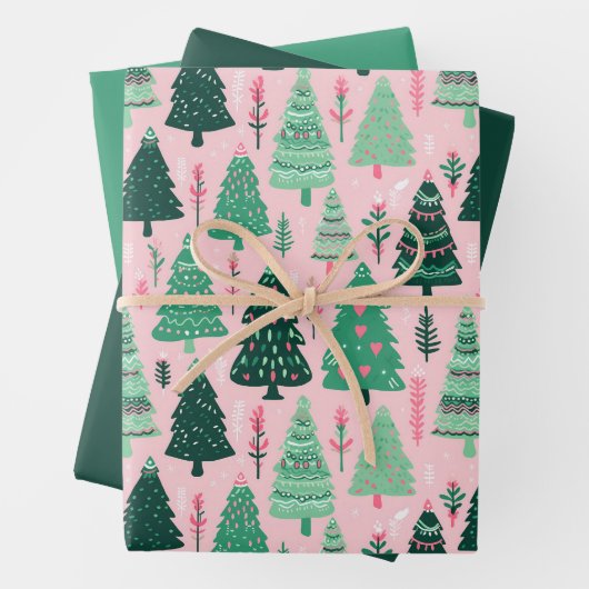 Geïllustreerde Christmas Tree Green & Pink Wrappin Inpakpapier Vel (In situ)