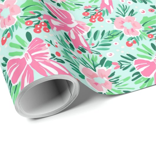 Geïllustreerde Coquette Bow Modern Mint Gift Wrap Cadeaupapier (Rol Hoek)
