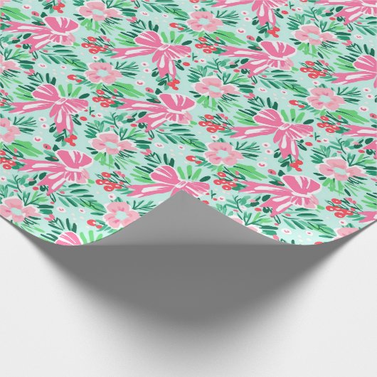 Geïllustreerde Coquette Bow Modern Mint Gift Wrap Cadeaupapier (Hoek)
