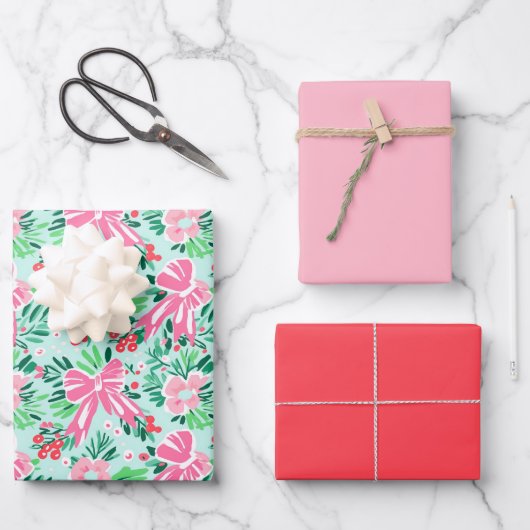 Geïllustreerde Coquette Bow Modern Pink Gift Wrap Inpakpapier Vel (Voorkant)