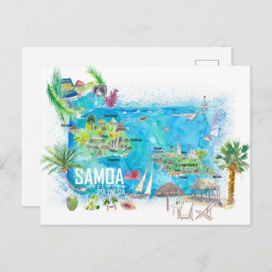 Geïllustreerde Eiland Reis Kaart van Samoa (Voorkant / Achterkant)