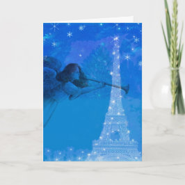 Geïllustreerde engel boven Paris Nocturne Feestdagen Kaart