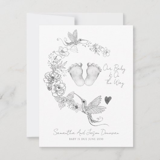 Geïllustreerde Floral Botanical Baby Feet Zwangers Aankondiging (Voorkant)