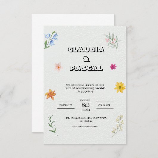 Geïllustreerde Floral bruiloft uitnodiging in Beig (Voorkant / Achterkant)