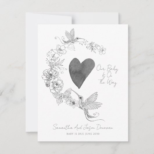 Geïllustreerde Floral Heart Wreath Zwangerschap Aankondiging (Voorkant)