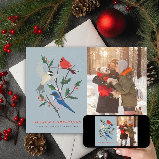 Geïllustreerde foto van wintervogels feestdagenkaart