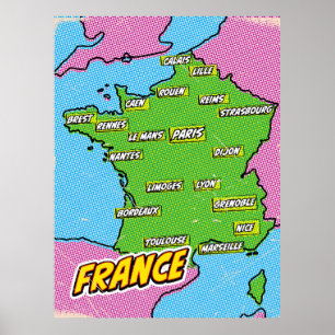Geïllustreerde Frankrijk kaart in Pop Art-stijl Poster