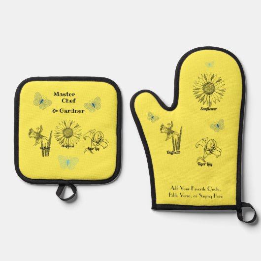 Geïllustreerde gele bloemen ovenwant & pannenlap set (Voorkant)