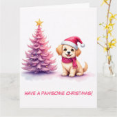 Geïllustreerde Golden Retriever in Pink Santa Hat Kaart (Gele Bloem)