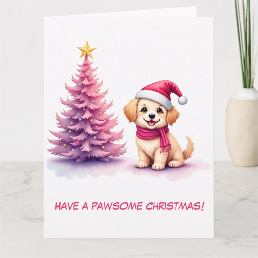 Geïllustreerde Golden Retriever in Pink Santa Hat Kaart (Voorkant)