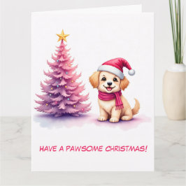 Geïllustreerde Golden Retriever in Pink Santa Hat Kaart