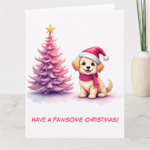 Geïllustreerde Golden Retriever in Pink Santa Hat Kaart