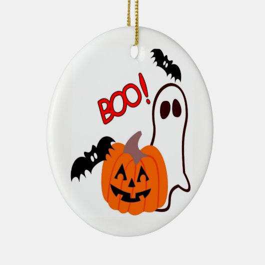 Geïllustreerde Halloween Ghost & Pumpkin Keramisch Ornament (Rechts)