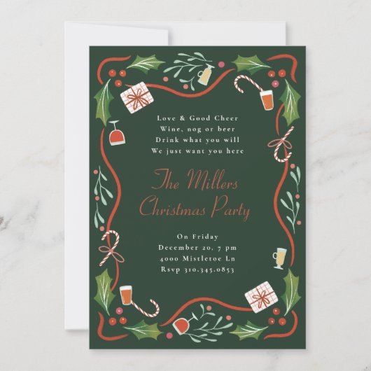 Geïllustreerde Holly Christmas Lijst Holiday Party Kaart (Voorkant)