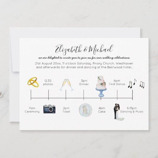 Geïllustreerde Huwelijk Tijdschema Uitnodiging Pic (Voorkant)