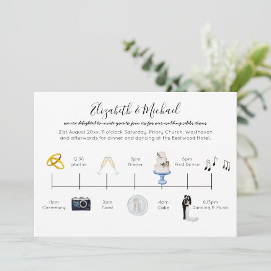Geïllustreerde Huwelijk Tijdschema Uitnodiging Pic (Staand voorkant)