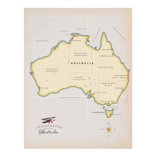 Geïllustreerde kaart van Australië Foto Afdruk (Voorkant)