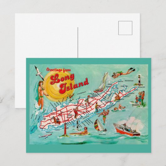 Geïllustreerde kaart van Long Island als ansichtka (Voorkant / Achterkant)