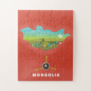 Geïllustreerde kaart van Mongolië toerisme poster. Legpuzzel
