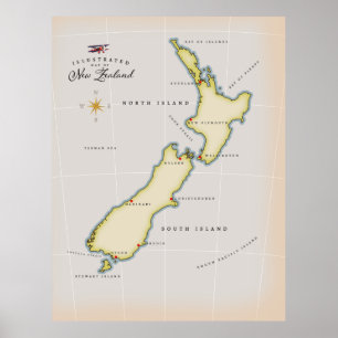 Geïllustreerde kaart van Nieuw-Zeeland Poster