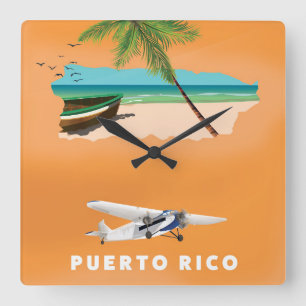 Geïllustreerde kaart van Puerto Rico reisposter. Vierkante Klok