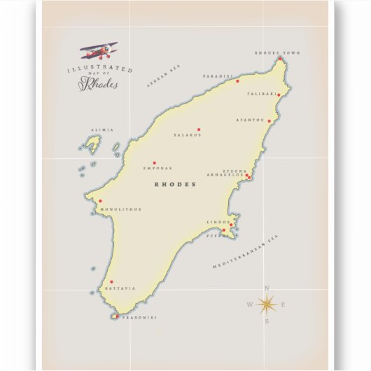Geïllustreerde kaart van Rhodos. Sticker (Voorkant)