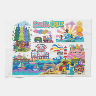 Geïllustreerde kaart van Santa Cruz Boardwalk Beac Theedoek
