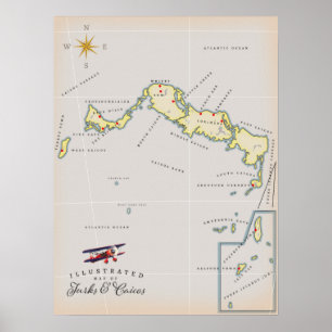 Geïllustreerde kaart van Turks- en Caicoseilanden Poster