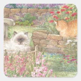 Geïllustreerde katten in de tuin vierkante sticker