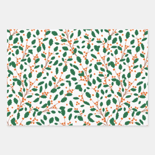 Geïllustreerde Kerst Holly Rood & Groen Wrapping Inpakpapier Vel (Voorkant)