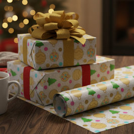 Geïllustreerde kerstbomen & gouden ornamenten cadeaupapier