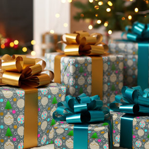 Geïllustreerde kerstbomen & Mooie ornamenten Cadeaupapier