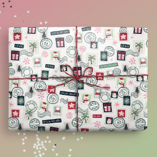 Geïllustreerde kerstpostzegels cadeaupapier