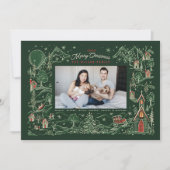 Geïllustreerde Kleine Stad Winter Scene Groene Fot Feestdagenkaart (Voorkant)