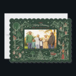 Geïllustreerde Kleine Stad Winter Scene Groene Fot Feestdagenkaart<br><div class="desc">Origineel geïllustreerd lijst in witte omtrek van een besneeuwd dorpscène 's nachts met grote volle maan en sterren. door Becky Nimoy</div>
