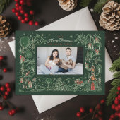 Geïllustreerde Kleine Stad Winter Scene Groene Fot Feestdagenkaart