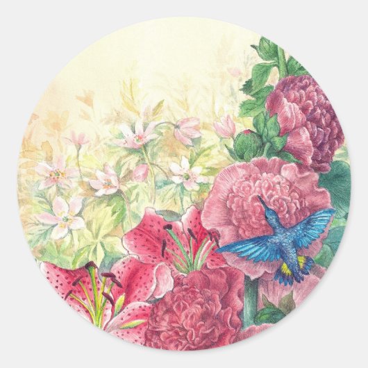 Geïllustreerde kolibrie Fantasy Floral Ronde Sticker (Voorkant)