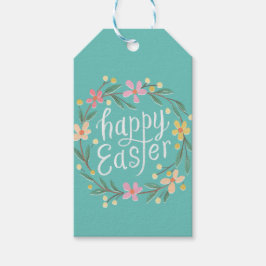 Geïllustreerde lentekrans met opschrift Happy East Cadeaulabel