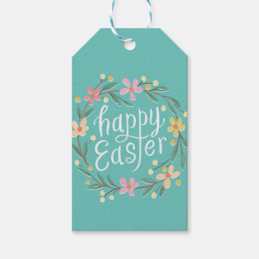 Geïllustreerde lentekrans met opschrift Happy East Cadeaulabel (Voorkant)